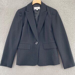 Le Suit Blazer Womens 2 Petite Black Pinstripe Peak Lapel Pockets Office Career